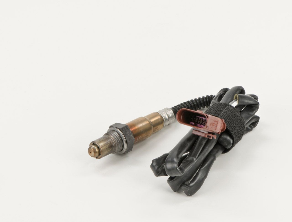 Reference image — oxygen sensor 0258006849, complete assembly showing the probe and brown connector face