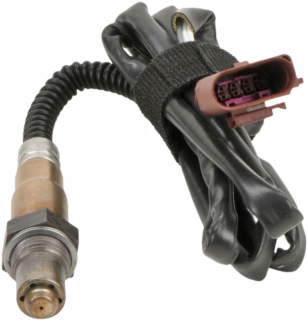 Reference image — oxygen sensor 0258006849, front-facing probe, four-contact connector and sleeved lead