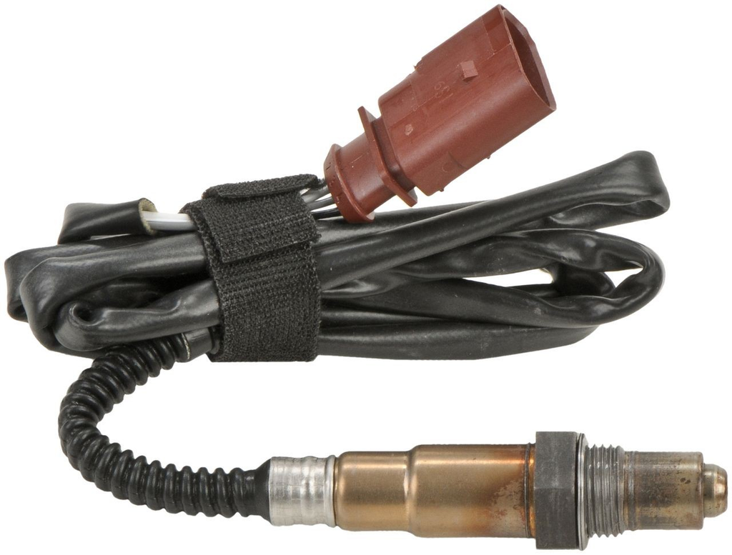 Reference image — oxygen sensor 0258006849, opposite full assembly view showing probe, connector latch and bundled lead