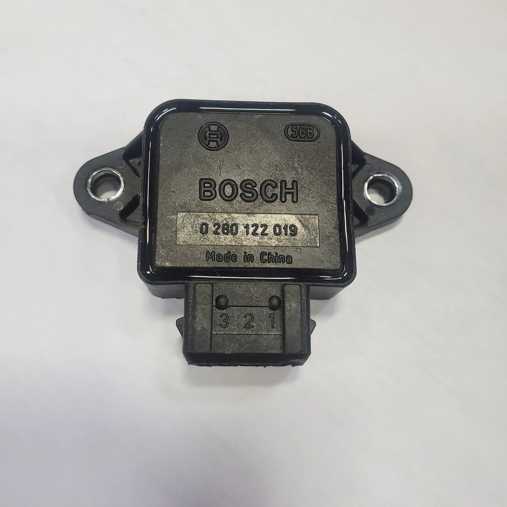 Reference image — aftermarket throttle position sensor 0280122019 — complete housing and exact reference marking; Bosch and origin markings reference-only, not actual stock