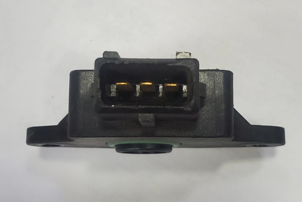 Reference image — aftermarket throttle position sensor 0280122019 — three-terminal connector and side profile; Bosch and origin markings reference-only, not actual stock