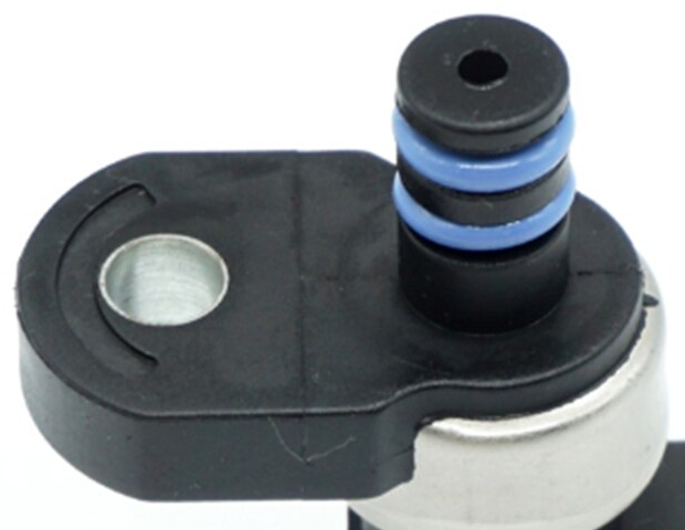 Reference image — transmission pressure sensor 04799758T — native pressure inlet, two blue seals and mounting-hole detail from gallery photo 3; not a new angle; external illustration, not actual stock