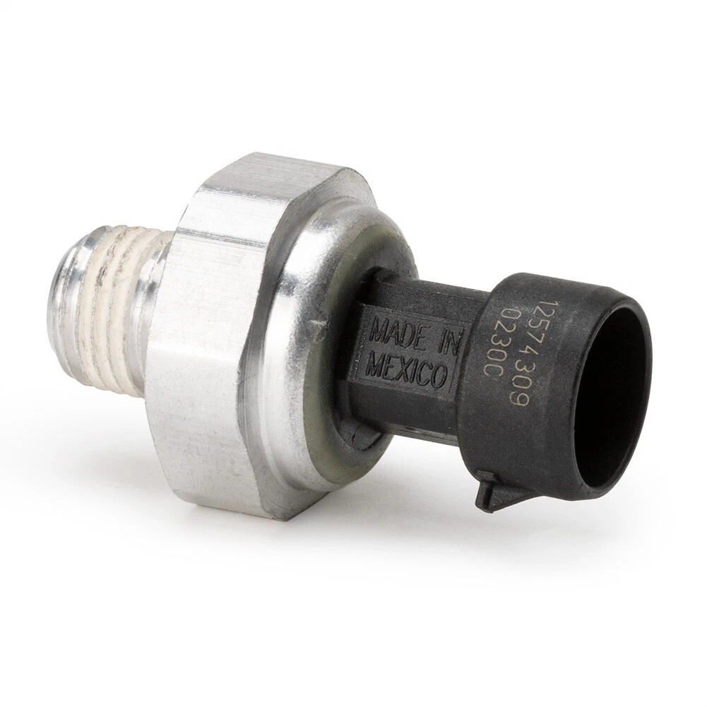 Reference image — engine oil pressure sensor 12574309, angled connector exterior, housing neck and hex mounting body