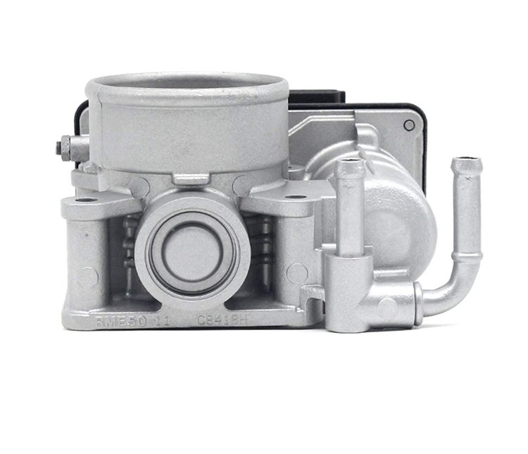 Reference image — aftermarket electronic throttle body 16119-ED000 — complete side view with paired pipe layout, mounting bosses and physical reference marks; external supplier reference, not actual stock