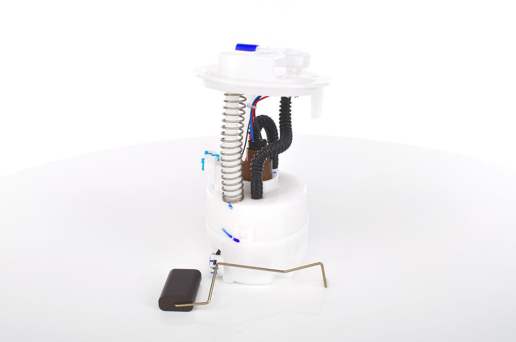 Reference image — aftermarket fuel pump module 17040-9U01B — complete side view with reservoir, spring, wiring and float arm; external Bosch reference, not actual stock