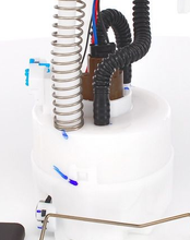 Load image into Gallery viewer, Reference image — aftermarket fuel pump module 17040-9U01B — native detail of sender attachment, spring, hoses and reservoir connections; external Bosch reference, not actual stock