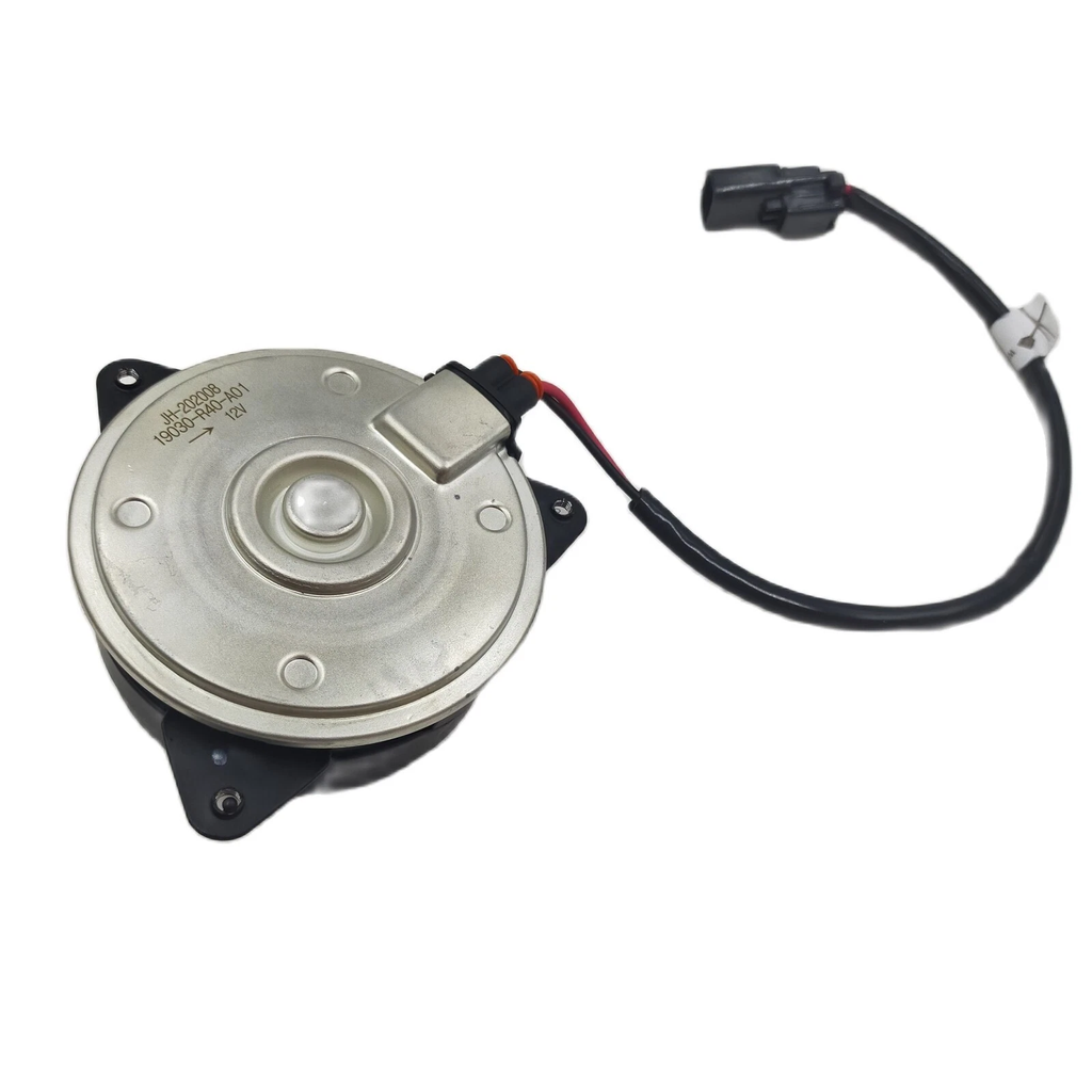 Reference image: 19030-R40-A01 cooling fan motor rear oblique and plug housing; external illustration, not actual stock