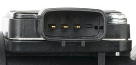 Reference image — aftermarket mass air flow sensor assembly 22680-2J200 — native three-contact socket and surrounding mounting detail; external Denso reference, not actual stock
