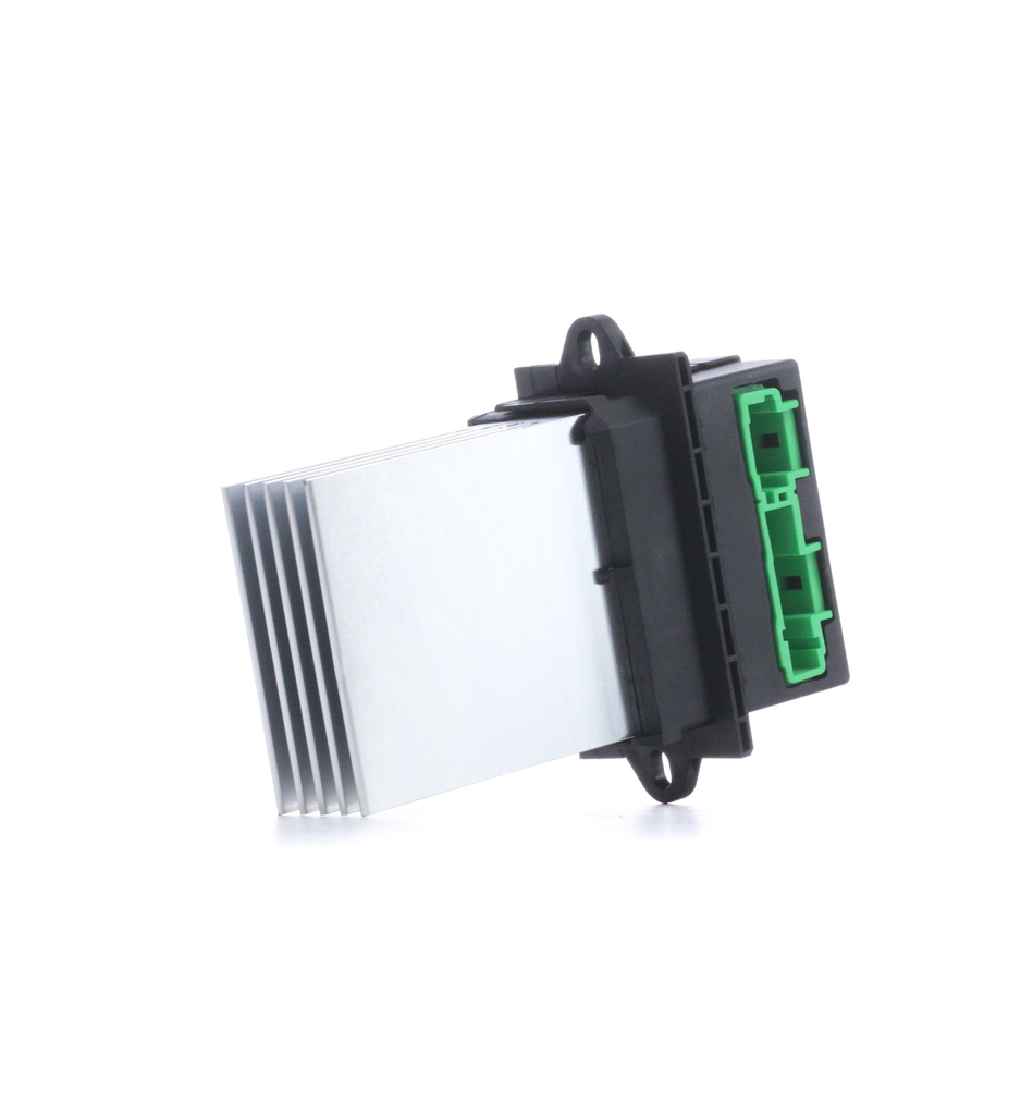 Reference image — aftermarket blower control module 27761-AX010 — complete finned module and keyed socket-side reference photograph; external NRF342053 reference, not actual stock