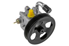 Load image into Gallery viewer, Reference image — hydraulic power steering pump 49100-65J00 — whole pump oblique pulley face, bent inlet and mounting-body reference view; external illustration, not actual stock