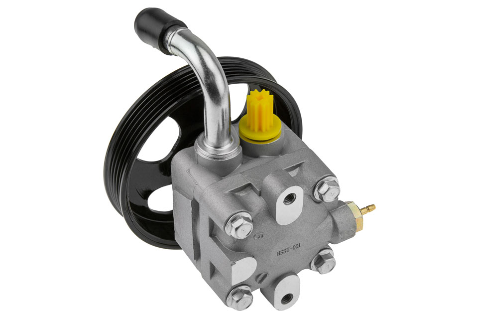 Reference image — hydraulic power steering pump 49100-65J00 — whole pump opposite oblique rear housing and fluid-port reference view; external illustration, not actual stock