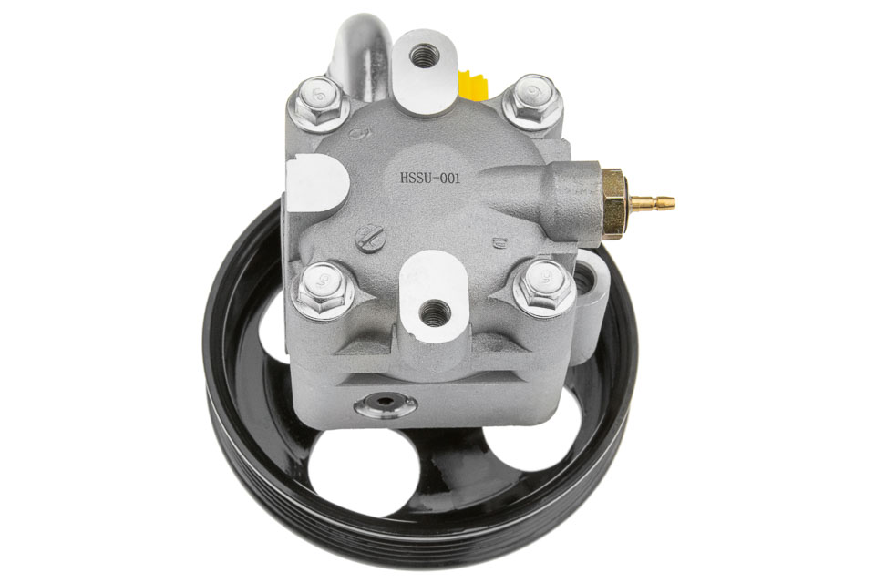Reference image — hydraulic power steering pump 49100-65J00 — rear cover, mounting bosses and retained hssu-001 marking reference view; external illustration, not actual stock