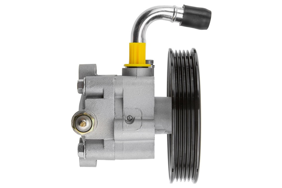 Reference image — hydraulic power steering pump 49100-65J00 — side view of pump body, pulley profile and bent fluid inlet; external illustration, not actual stock