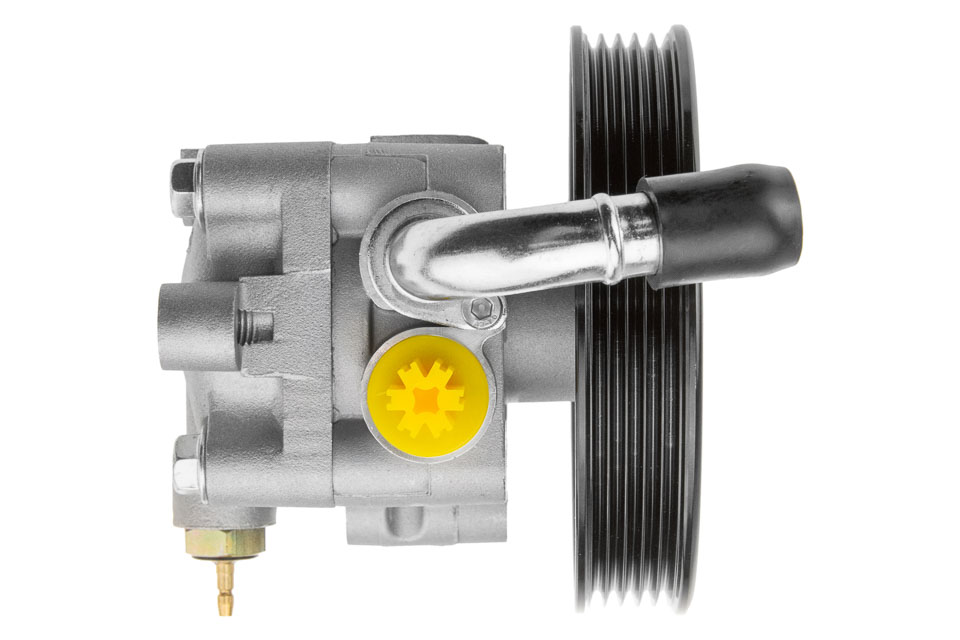 Reference image — hydraulic power steering pump 49100-65J00 — original top configuration detail of inlet, port and mount; source frame clips a small pulley edge, not a whole-assembly view; external illustration, not actual stock