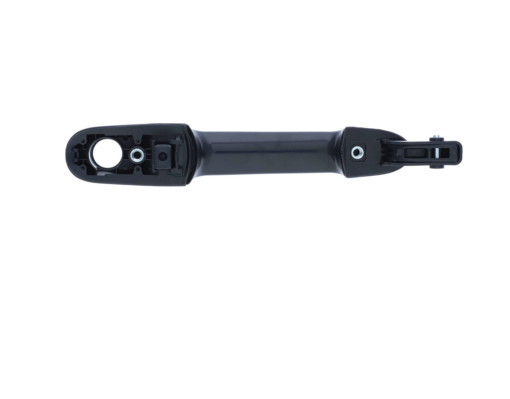 Reference photograph - front-left black exterior door handle 82650-1E000 without separate base - complete reverse mounting arrangement and pivot/actuator interfaces