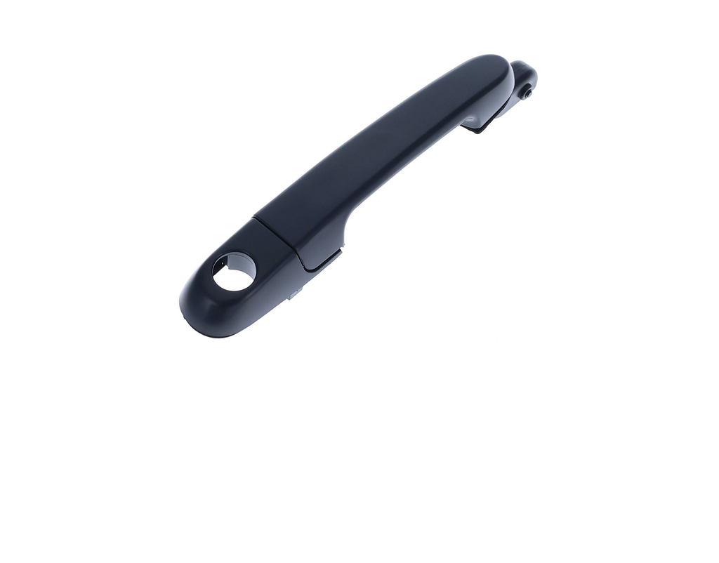 Reference photograph - front-left black exterior door handle 82650-1E000 without separate base - opposite-end angled perspective showing lock opening wall and end/pivot geometry