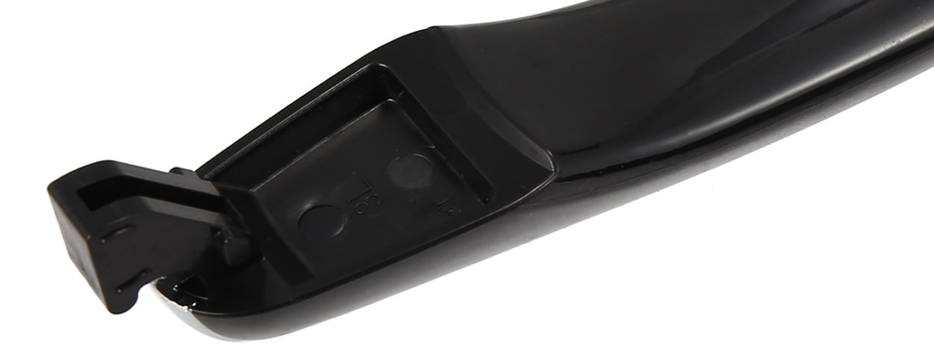 Reference photograph - 82651-3L000 black main exterior handle with chrome-colored insert, handle only - reverse small hooked end and molded seating recess; grip continues beyond frame