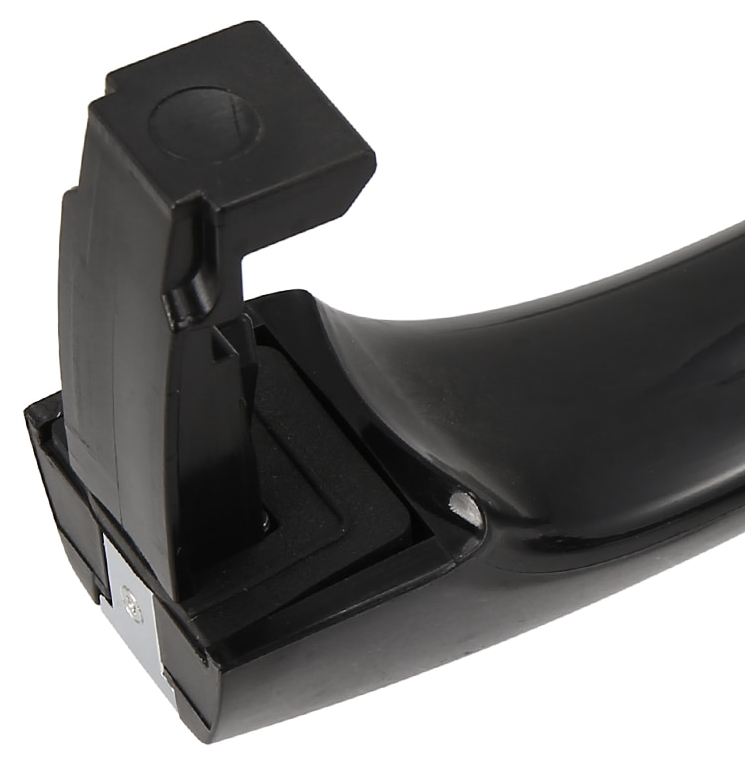 Reference photograph - 82651-3L000 black main exterior handle with chrome-colored insert, handle only - large mechanical retaining foot and rear grip joint; partial detail