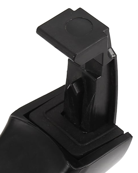 Reference photograph - 82651-3L000 black main exterior handle with chrome-colored insert, handle only - opposite face of the large mechanical foot, rectangular side opening and base; partial detail