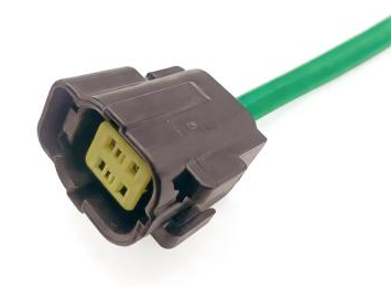 Reference image — oxygen sensor L813-18-861B — connector-face detail showing four contact cavities, yellow insert and housing keying; cable continues outside the source frame; external illustration, not actual stock