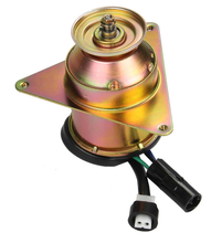 Load image into Gallery viewer, Reference image — TIY-3144 cooling fan motor; whole oblique view of the standalone motor, triangular mounting bracket, shaft and attached leads. Supplied aftermarket brand and packaging may differ.